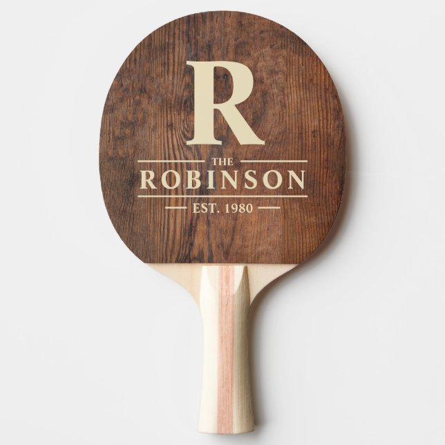 Dark Walnut Wood Family Name & Initial Ping Pong Paddle (Front)