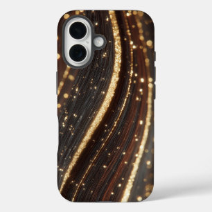 Dark Walnut Wood Grain with Sparkling Gold Rivers iPhone 16 Case