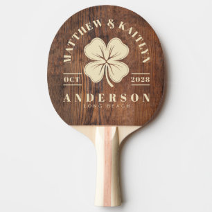 Dark Walnut Wood Irish Clover Wedding Crest Ping Pong Paddle