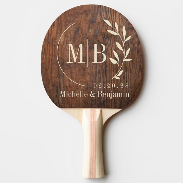 Dark Walnut Wood Leaf Wedding Monogram Ping Pong Paddle (Back)