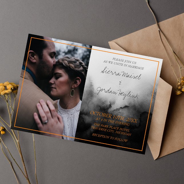 Dark Watercolor Black Orange Halloween Wedding Invitation (Creator Uploaded)