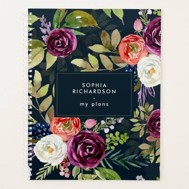 Dark Watercolor Floral Boho Pattern Planner (Front)