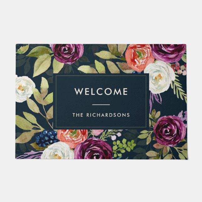 Dark Watercolor Floral Boho | Welcome Doormat (Front)