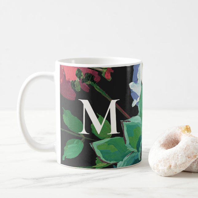 Dark Watercolor Floral with Monogram Coffee Mug (With Donut)