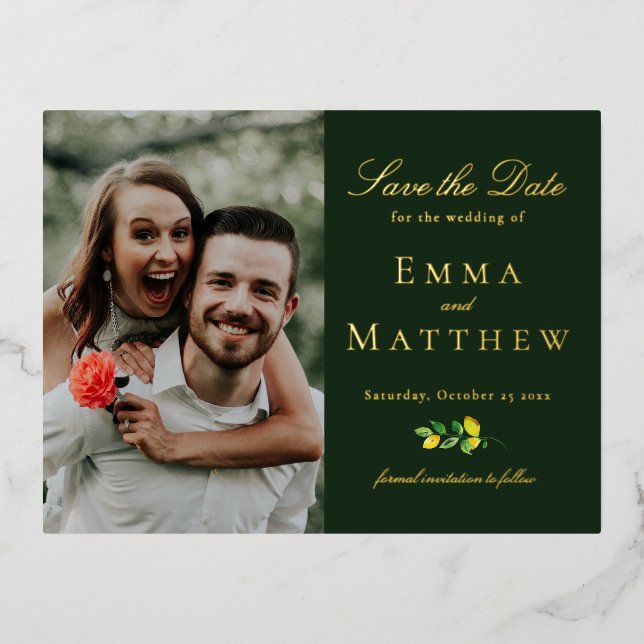 Dark Watercolor Lemon Photo Foil Invitation Postcard (Front)