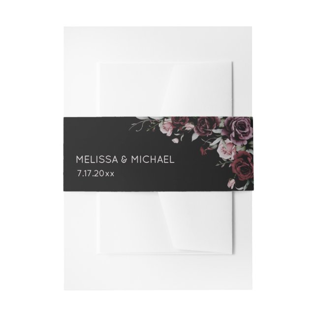 Dark Watercolor Roses Wedding Invitation Belly Band (Front Example)