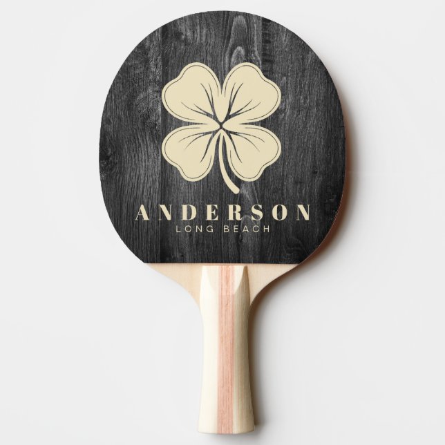 Dark Weathered Wood Four Leaf Clover with Name Ping Pong Paddle (Back)