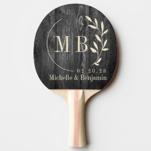 Dark Weathered Wood Leaf Wedding Monogram Ping Pong Paddle