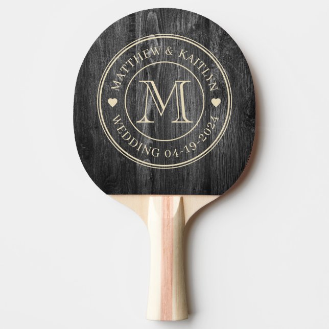 Dark Weathered Wood Wedding Monogram Heart Ping Pong Paddle (Front)