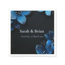 Dark wedding napkins glitter blue flowers
