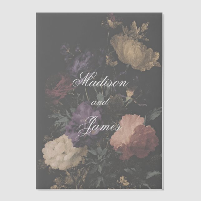 Dark Wedding Romantic Moody Flowers Painting Vellum Invitations (Front)