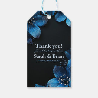 Dark wedding thank you label glitter blue flowers