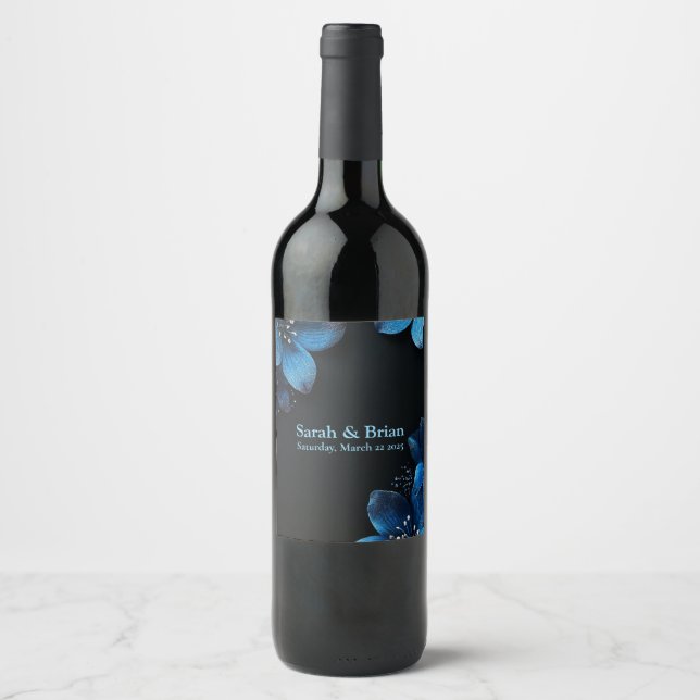 Dark wedding wine bottle glitter blue flowers wine label (Front)