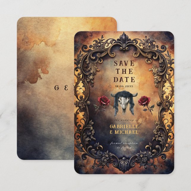 Dark Western Gothic Bull Skull & Velvet Roses Save The Date (Front/Back)