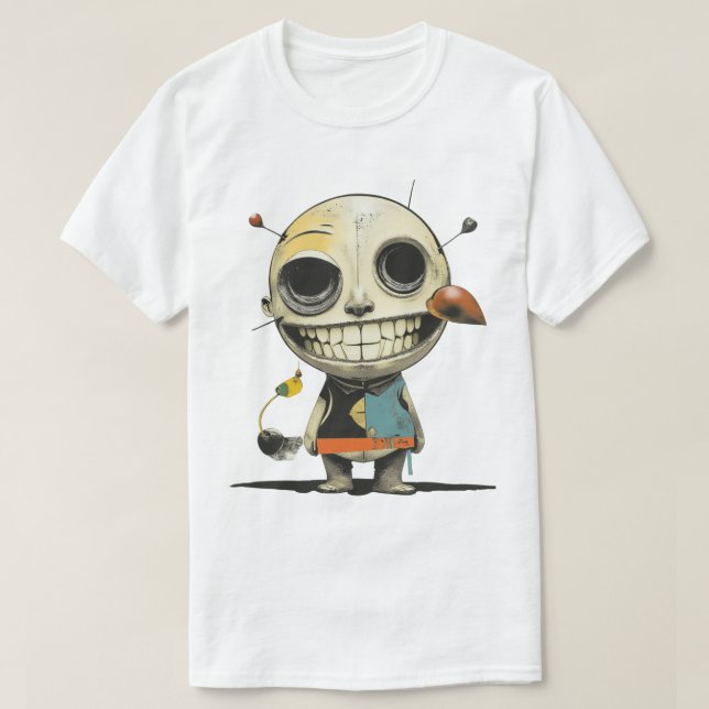 Dark Whimsy Grinning Doll – Surreal Horror Cartoon T-Shirt (Design Front)