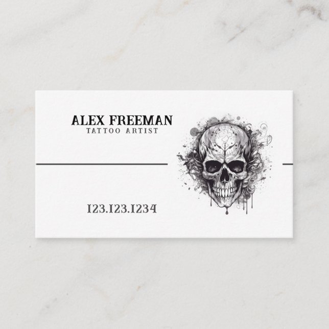 Dark White and Black Skull Tattoo Artist Tattooer Business Card (Front)