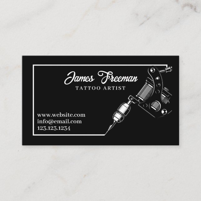 Dark White and Black Tattoo Machine Tattooist Business Card (Front)