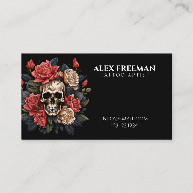 Dark White and Pink Roses Skull Tattoo Artist Business Card (Front)