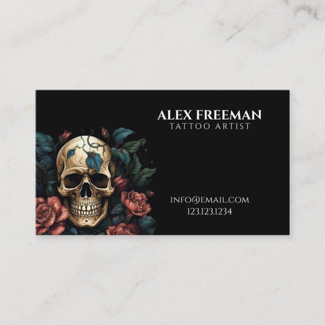 Dark White and Red Roses Skull Tattoo Artist Business Card (Front)