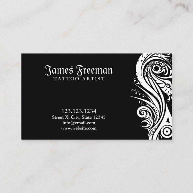 Dark White & Black Tribal Tattoo Artist Tattooist Business Card (Front)