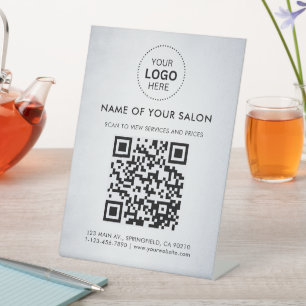 Dark White Salon Business QR Code and Logo Pedestal Sign