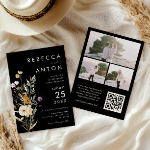 Dark Wildflower 3 Photo Collage QR Code Wedding   Invitation