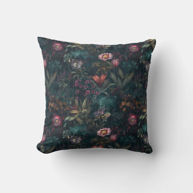 Dark Wildflower Garden Pink and Green Cushion (Front)