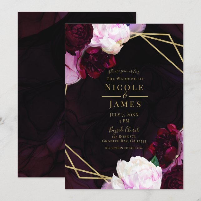 Dark Wine Moody Floral Modern Gold Glam Wedding Invitation (Front/Back)