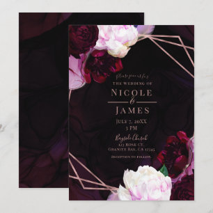 Dark Wine Moody Floral Modern Rose Gold Wedding Invitation