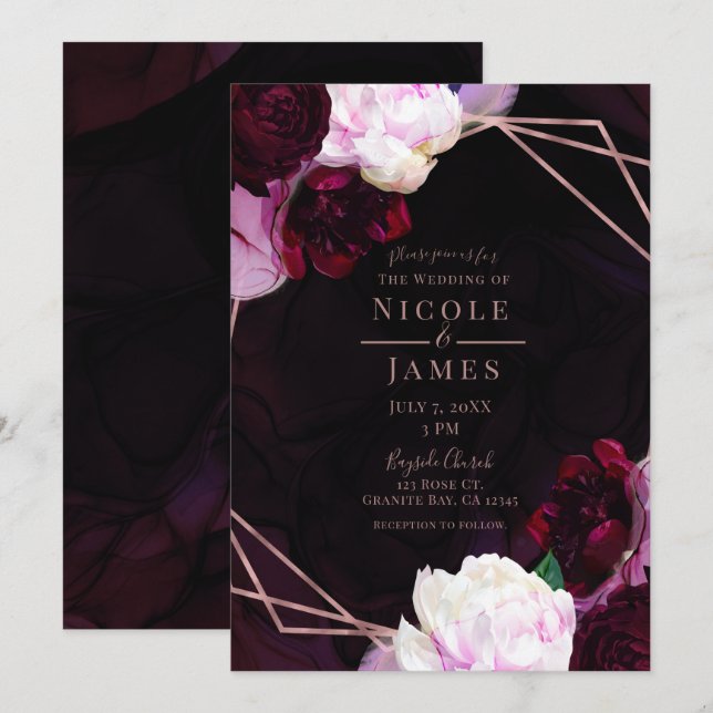 Dark Wine Moody Floral Modern Rose Gold Wedding Invitation (Front/Back)