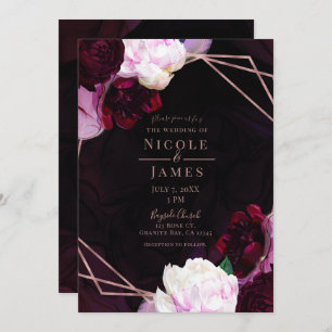 Dark Wine Moody Floral Modern Rose Gold Wedding Invitation