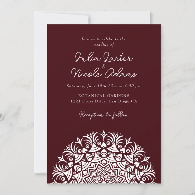 Dark Wine Red Brown Abstract Mandala Wedding Invitation (Front)