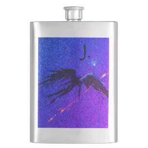 Dark winged figure flying across the space hip flask