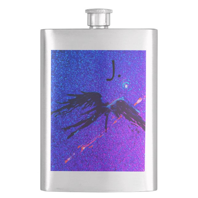 Dark winged figure flying across the space hip flask (Front)