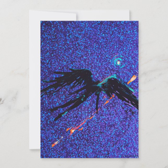 Dark winged figure flying across the space holiday card (Front)