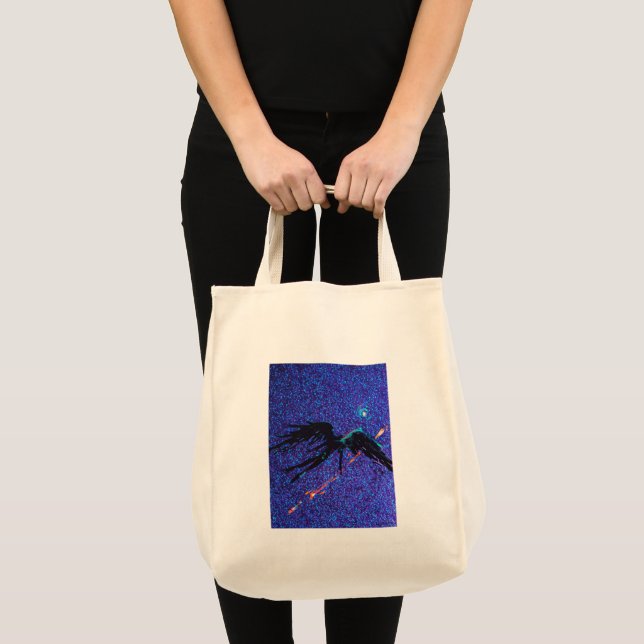 Dark winged figure flying across the space tote bag (Front (Product))