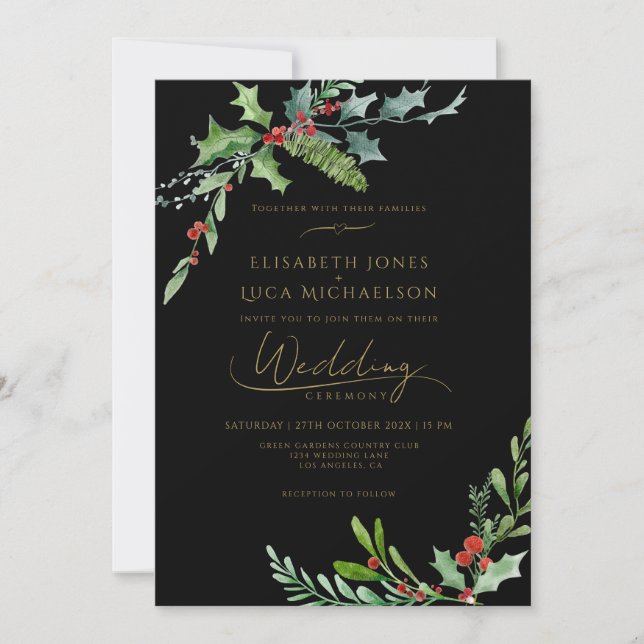 Dark Winter Berry Moody Botanical Monogram Wedding Invitation (Front)