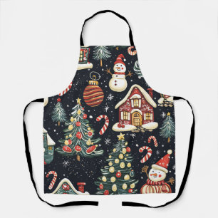 Dark Winter Cottages Red Snowman Candy Christmas Apron