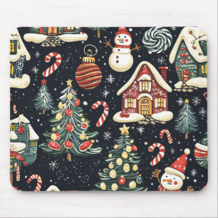 Dark Winter Cottages Red Snowman Candy Christmas Mouse Mat