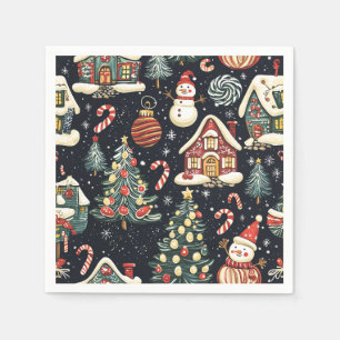 Dark Winter Cottages Red Snowman Candy Christmas Napkin