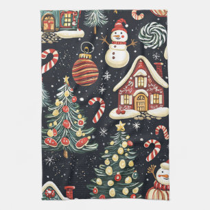 Dark Winter Cottages Red Snowman Candy Christmas Tea Towel