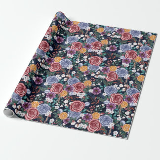Dark Winter Flowers Yule Christmas Wrapping Paper