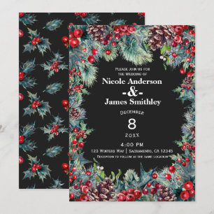 Dark Winter Wedding Holiday Berries & Pine Cones Invitation
