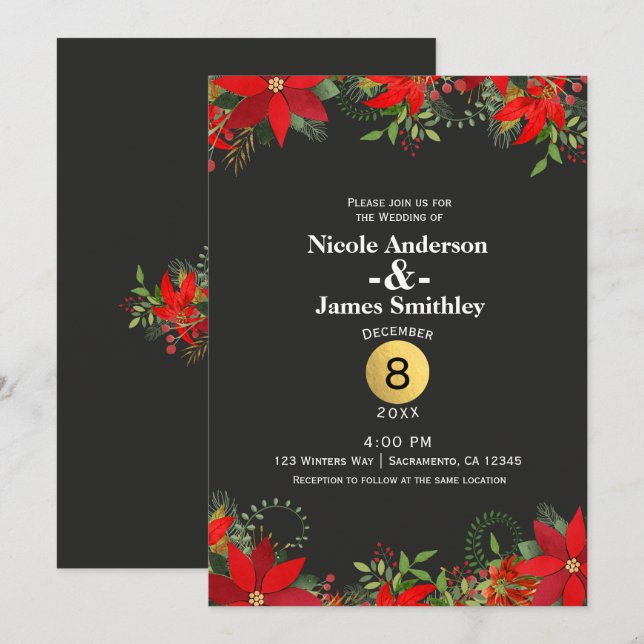 Dark Winter Wedding Poinsettia + Gold Holiday Invitation (Front/Back)