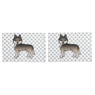 Dark Wolf Grey Siberian Husky Cartoon Dog And Paws Pillowcase