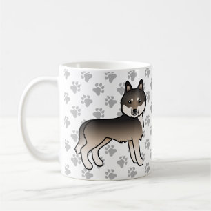 Dark Wolf Grey Siberian Husky Cartoon Dog & Paws Coffee Mug