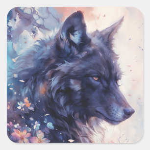 Dark Wolf Profile in Pink Watercolor Floral Garden Square Sticker