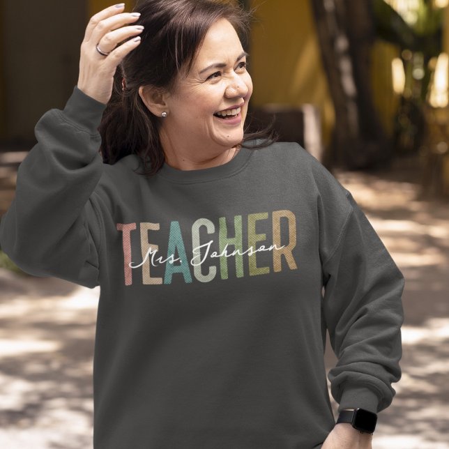 Dark Womens Retro Teacher Appreciation Custom Name Sweatshirt (Creator Uploaded)