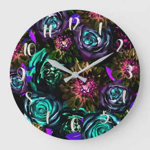 Dark Wonderland Bold Glamour Floral Flowers Large Clock