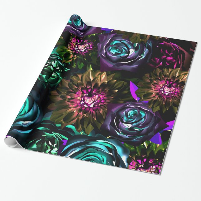 Dark Wonderland Bold Glamour Floral Flowers Party Wrapping Paper (Unrolled)